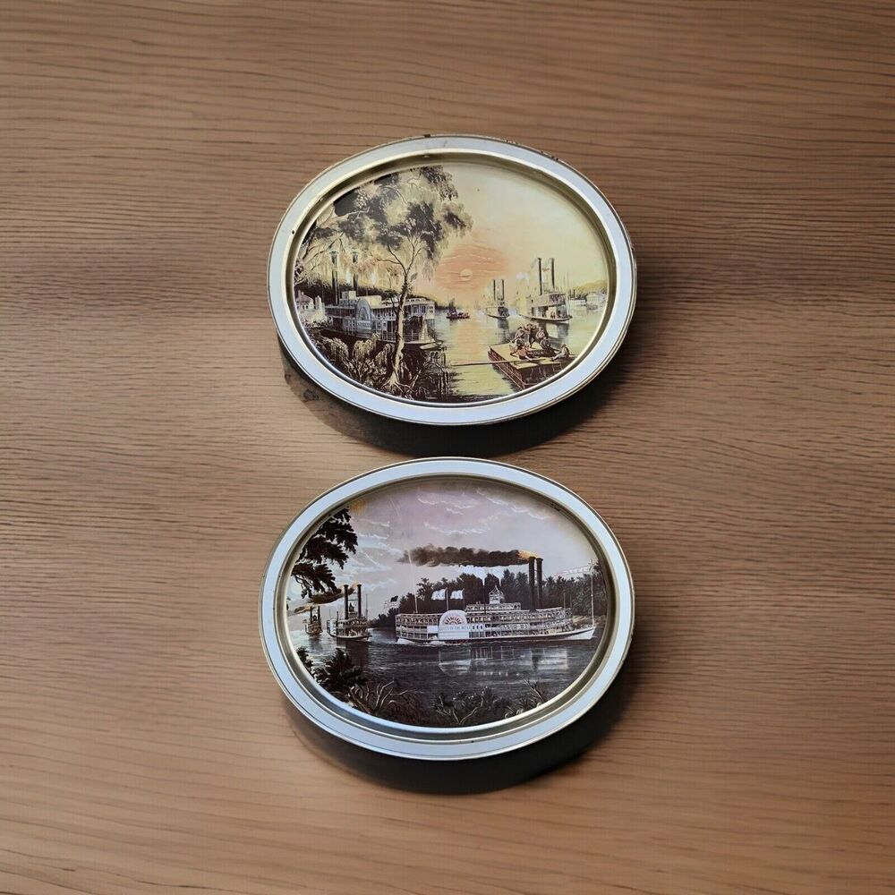 Currier and Ives Metal Serving Tray Mississippi 1965 1966 (set of 2) VTG Display